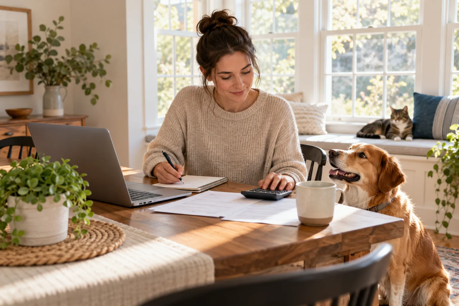 Pet owner using a calculator and paperwork with a dog and cat nearby