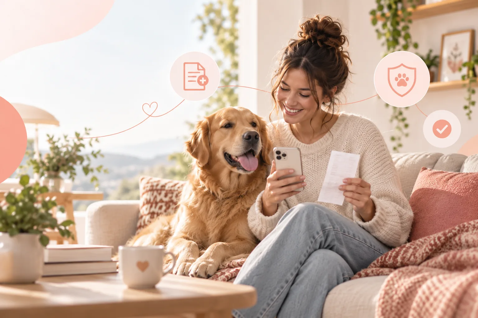 Dog owner reviewing a bill on a smartphone with paperwork in hand